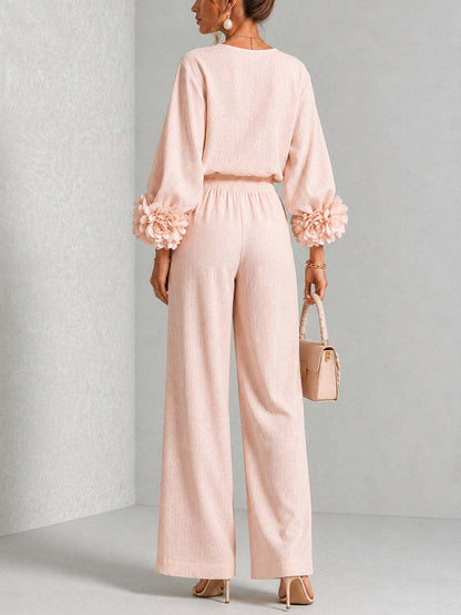 Floral Cuff Top and Wide Leg Pants Set - Women's Casual Two Piece Outfit with Loose Fit Trousers